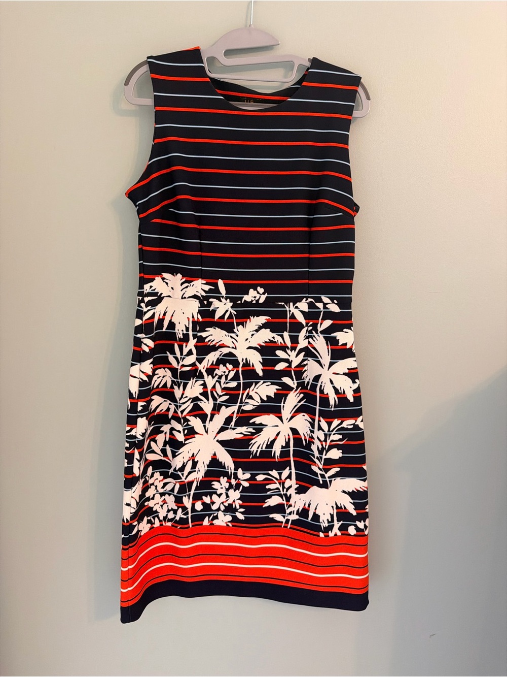 Sleeveless Navy & Red Striped Palm Print Dress